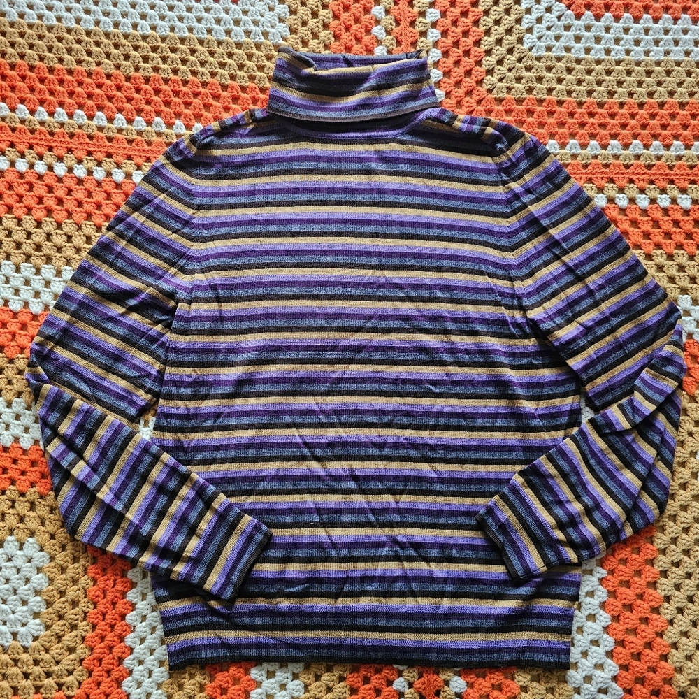 100% Merino Wool Striped Turtleneck Sweater Purple Grey Mustard Yellow